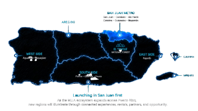Map of Puerto Rico highlighting M.I.A's operational regions — San Juan Metro, West Side, South Side, and East Side